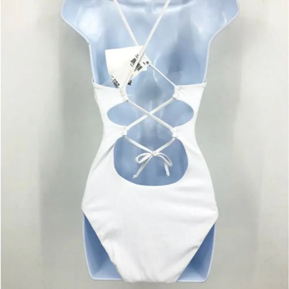 BECCA Women's Modern Edge Haley One Piece Swimsuit Large White Plunge Neck NWT